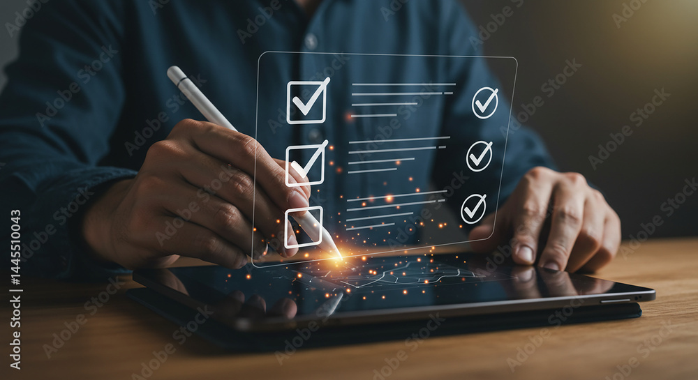 Poster person using digital pen to check off items on a virtual checklist displayed on a tablet screen