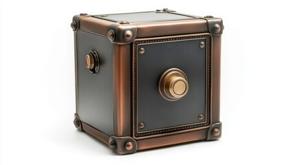 Vintage brass safe with keyhole and rivets on black background