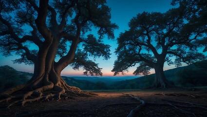 Majestic Oak Tree Silhouette at Dusk Landscape