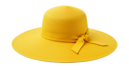 Bright yellow sun hat with ribbon bow isolated on transparent background, ideal for summer fashion accessories, beachwear mockups, holiday outfit design, and women’s vacation essentials