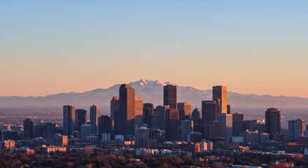 Denver City Skyline at Sunset with Rocky Mountains in the Background