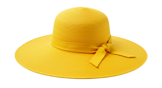 Bright yellow sun hat with ribbon bow isolated on transparent background, ideal for summer fashion accessories, beachwear mockups, holiday outfit design, and women’s vacation essentials