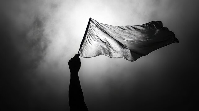 Silhouette of hand raising white flag against dramatic clouded sky