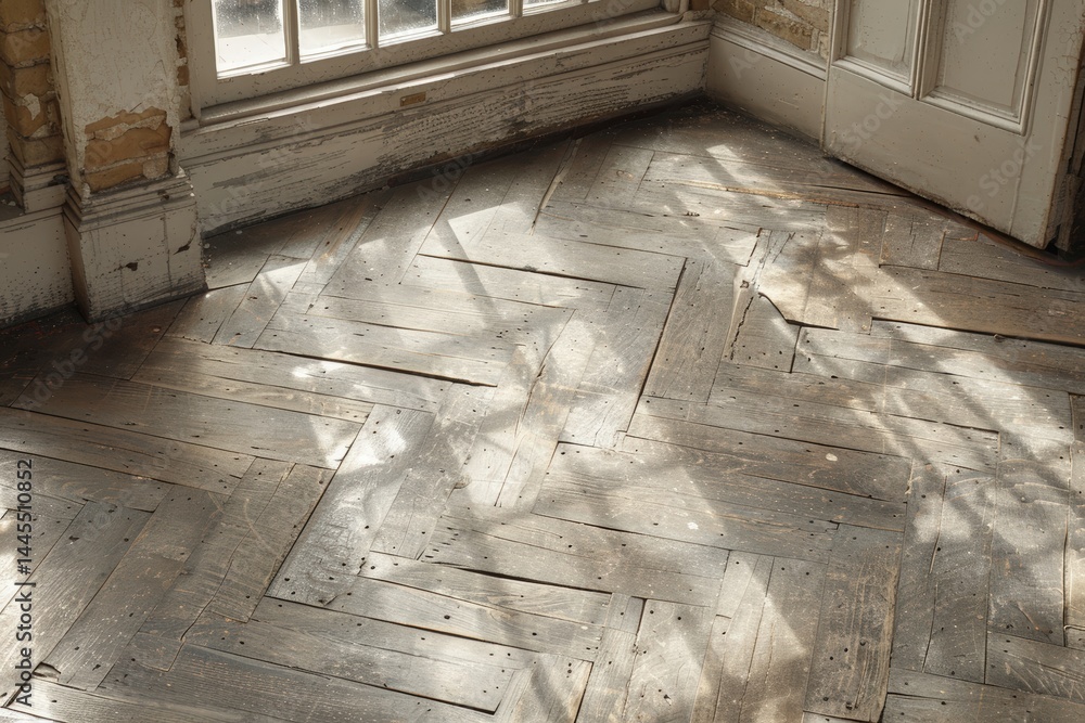Poster sunlit wooden floor with herringbone pattern and large windows.