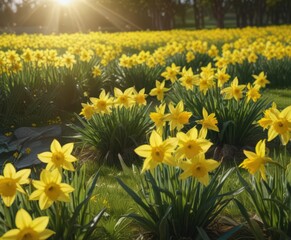 Obraz premium Sunlit daffodils burst forth in a vibrant yellow against a verdant field , daffodils, photography