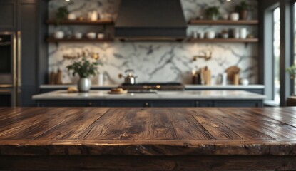 Fototapeta premium Glossy dark walnut table in sharp focus with blurred luxury kitchen behind. Marble surfaces, gold accents, and soft spotlights create an elegant backdrop.