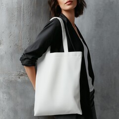 White canvas tote bag mockup, stylish woman standing against concrete wall slinging wrinkle-free white canvas tote bag over shoulder, Ai generate..