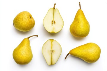 Low-angle macro photograph of green pear with speckled texture and elegant stem curve under dramatic studio light, white background for gourmet cocktail visuals.