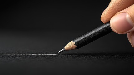 Close-up of hand drawing with black graphite pencil on dark paper surface