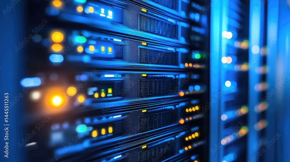 Poster Detailed shot of data server units with vibrant lights in a high-tech facility, great for illustrating cloud storage, IT systems, and secure network operations