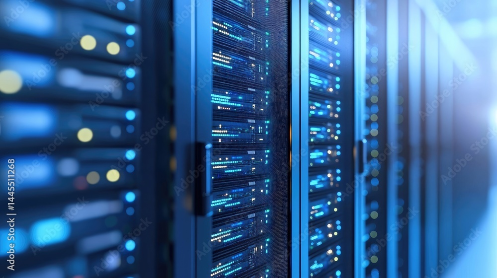Aufkleber Close-up view of illuminated server racks in a data center with glowing blue indicators, ideal for IT, cybersecurity, and digital infrastructure visuals