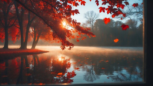 Autumn trees with red leaves over a foggy lake - Powered by Adobe