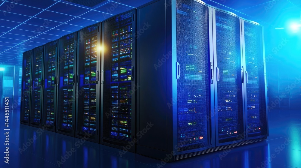 Poster modern glowing data servers in a high-tech facility with vibrant lights, great for cloud services, i