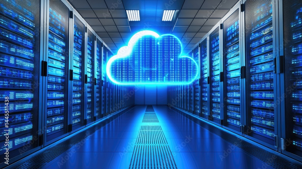 Poster Bright cloud hologram floating above data racks in a glowing server room, perfect for cloud computing, digital transformation, and network technology content