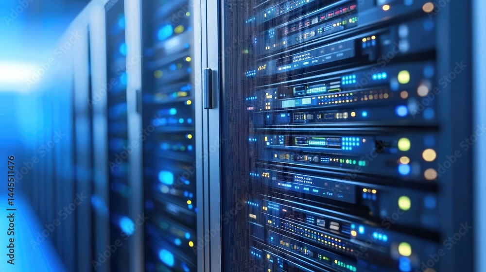 Poster powerful cloud server room with digital cloud icon glowing above racks, ideal for illustrating cloud