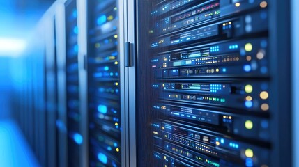 Naklejka premium Powerful cloud server room with digital cloud icon glowing above racks, ideal for illustrating cloud infrastructure, IT security, and network performance