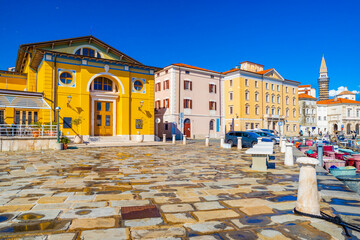 View of the embankment of Piran with historical buildings, Slovenia