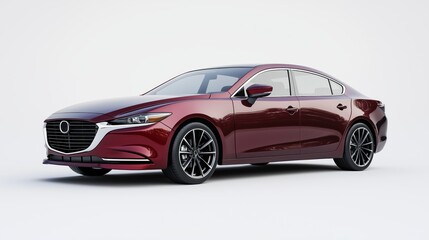 Mockup of a generic glossy burgundy modern sedan, front three-quarter view, white background, minimal shadows