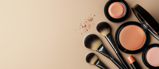 Flat lay of professional makeup products and brushes on a beige background, representing beauty, cosmetics, and skincare branding with elegant simplicity