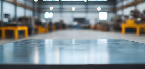 blurred background of factory and empty steel tabletop in foreground. Business presentation