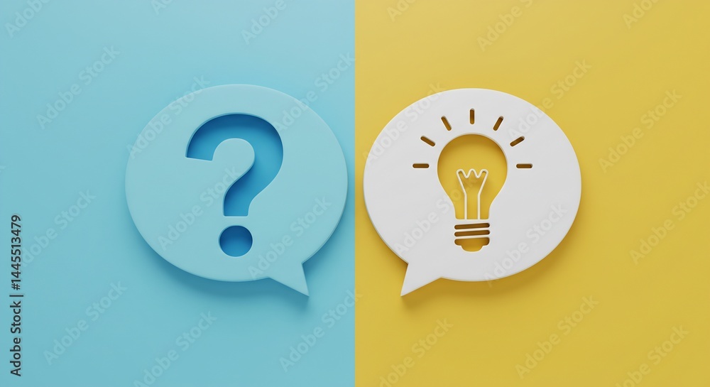 Poster 3d render of speech bubbles with question mark and light bulb icons, representing problem-solving an