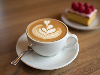 Enjoying Coffee with Latte Art and Raspberry, Accompanied