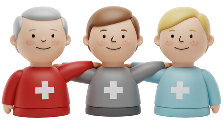 Isolated Three Characters with Swiss Flag Crosses