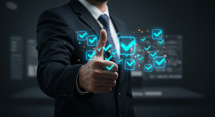 A businessman giving a thumbs up with floating checkmarks around his hand in a dark setting suit and tie