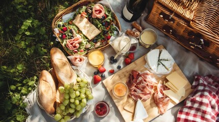 A beautifully spread out picnic basket in a green park