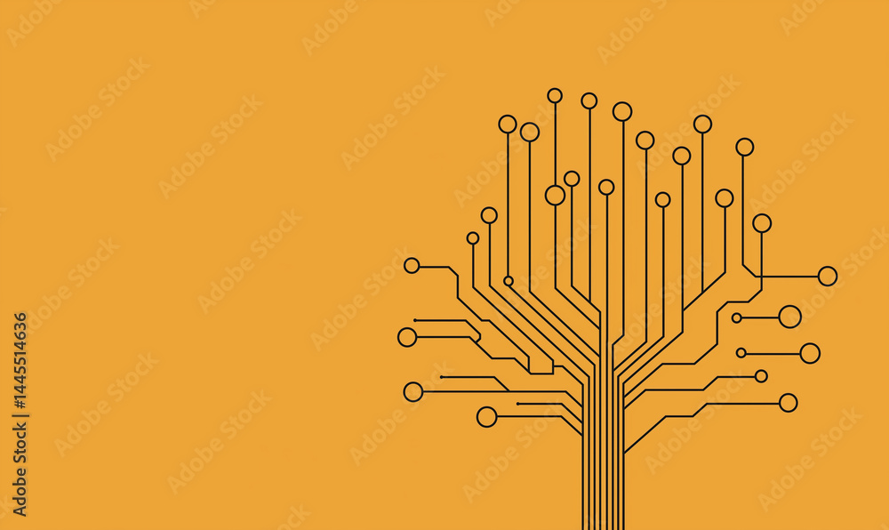 Aufkleber abstract tree design made of circuit lines on a vibrant orange background.