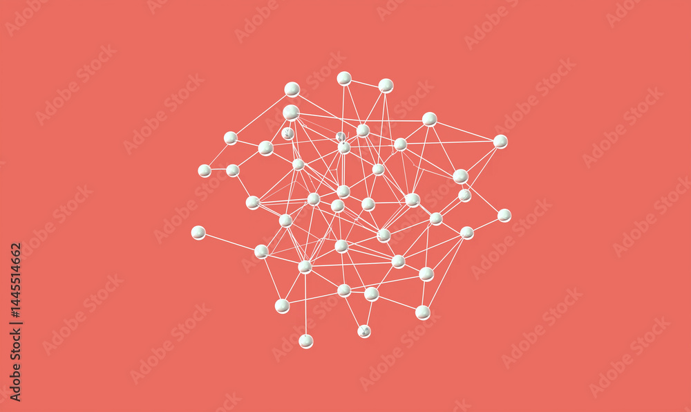 Poster abstract network design with nodes and connections on a coral background.