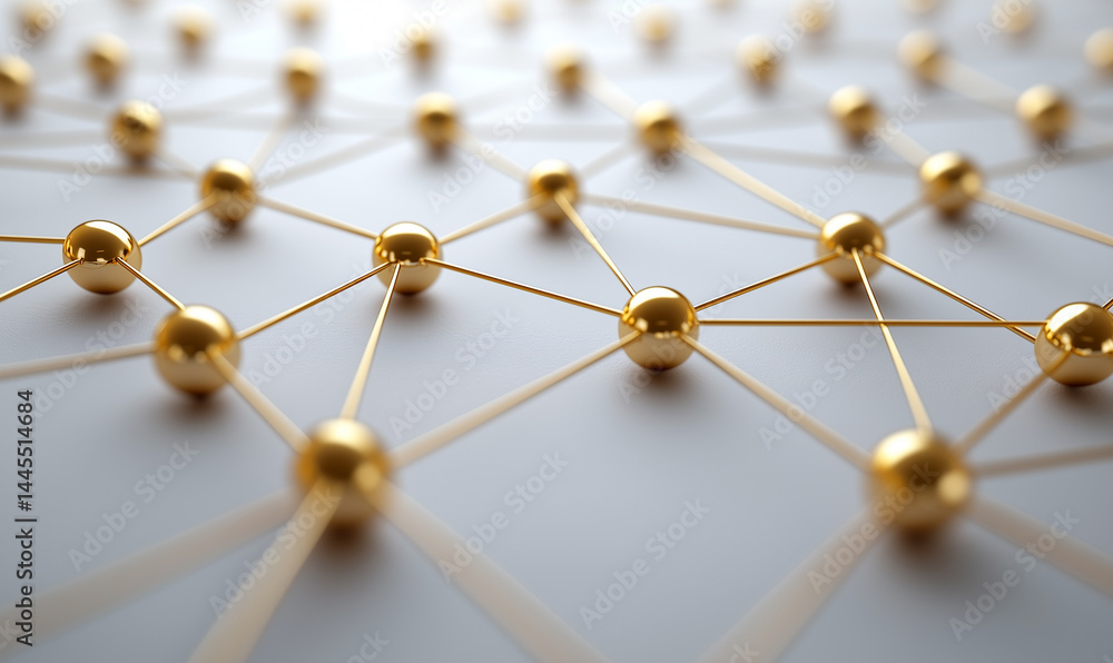 Poster abstract network design featuring golden spheres interconnected by lines, representing technology an