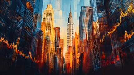 Cityscape view overlaid with financial data.