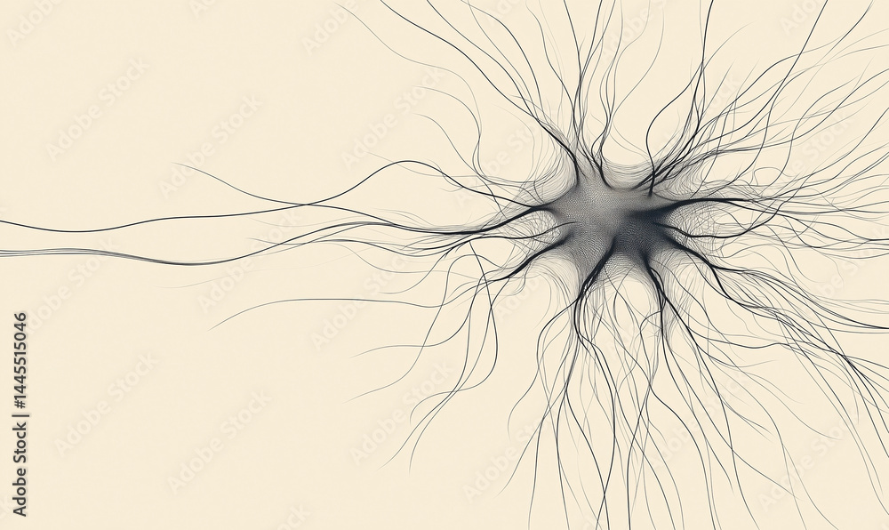 Poster abstract illustration of intertwining lines resembling organic growth or neural pathways on a light 
