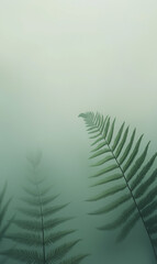 Delicate fern fronds emerging through green mist, with soft focus and open space evoking calm and minimalism