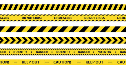 Vector collection of yellow striped police tape in seamless pattern - crime scene, danger, no entry, caution, warning