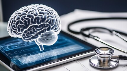 Stethoscope and Electronic Health Tablet Documenting Brain Care Procedures Analysis Report Interface In Clinic