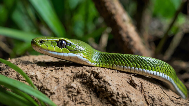 A captivating close-up of a green snake with shimmering scales caught in natural light.