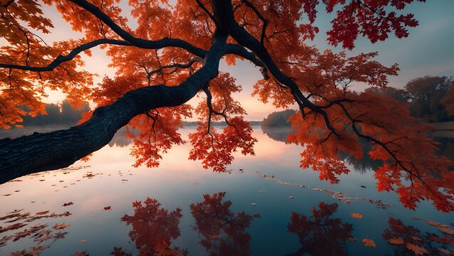 Autumn tree over lake reflecting colorful leaves - Powered by Adobe