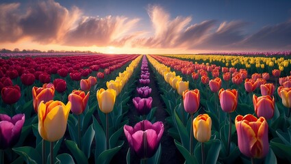 Tulip field during sunset with colorful flower rows