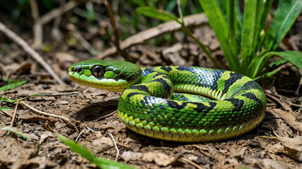 Fototapeta premium A captivating close-up of a green snake with shimmering scales caught in natural light.