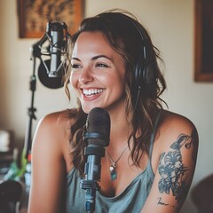 Podcast recording concept. A young woman recording a podcast into a microphone and wearing a headset
