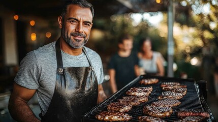 Man grilling steaks at a lively outdoor barbecue gathering with friends enjoying the atmosphere and delicious food.