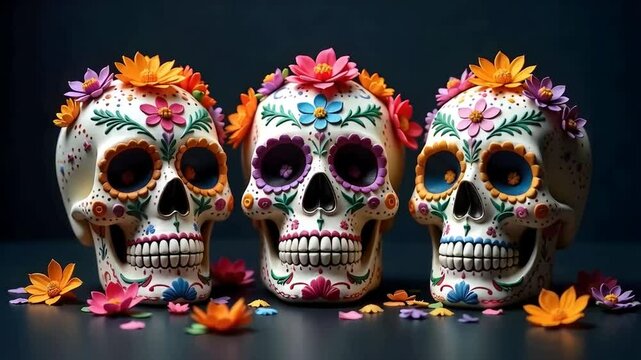 Three decorated sugar skulls with colorful flowers and leaves, day of the dead theme , dark background