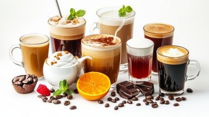 A mix of warm drinks like coffee, tea, and hot chocolate. Includes types like mocha, cappuccino, and iced coffee, all on a white background.
