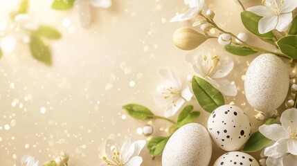 A nice beige Easter background with pretty white flowers, spotted eggs, and green leaves. It has soft sparkles, great for Easter wishes, invites, or spring posts!
