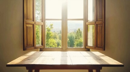 Sunlit Table by Window with Rustic View, and Serene Escape.