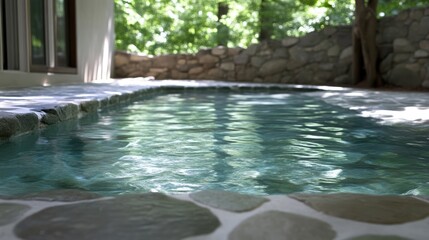 Tranquil pool nestled in a lush garden setting.  Stonework and greenery surround the water