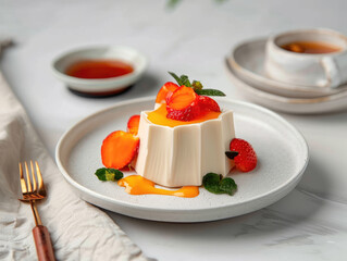 Creamy dessert with fresh fruit and coffee