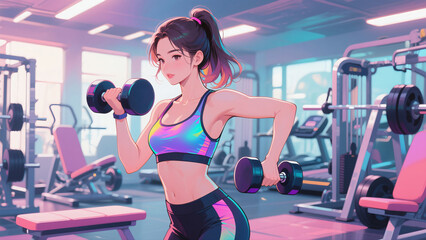 A girl in sportswear lifts dumbbells in the gym
